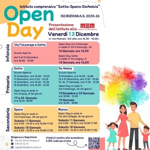 Ecco tutte le date degli Open Day dell'I.C.Satta Spano De Amicis per le iscrizioni 2025/2026
