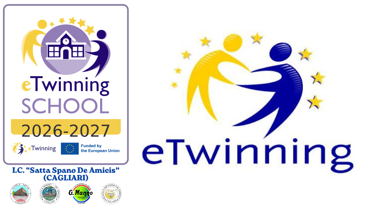 Logo eTwinning e attestazione di eTwinning School 2026-2027 per l'Istituto Comprensivo Satta Spano De Amicis di Cagliari