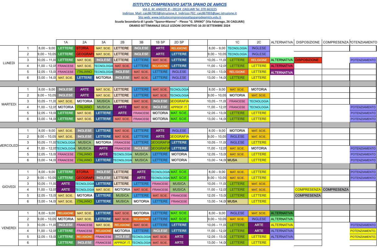 Scuola Secondaria 1° grado Spano: Orario provvisorio delle lezioni dal 16 al 20 settembre 2024