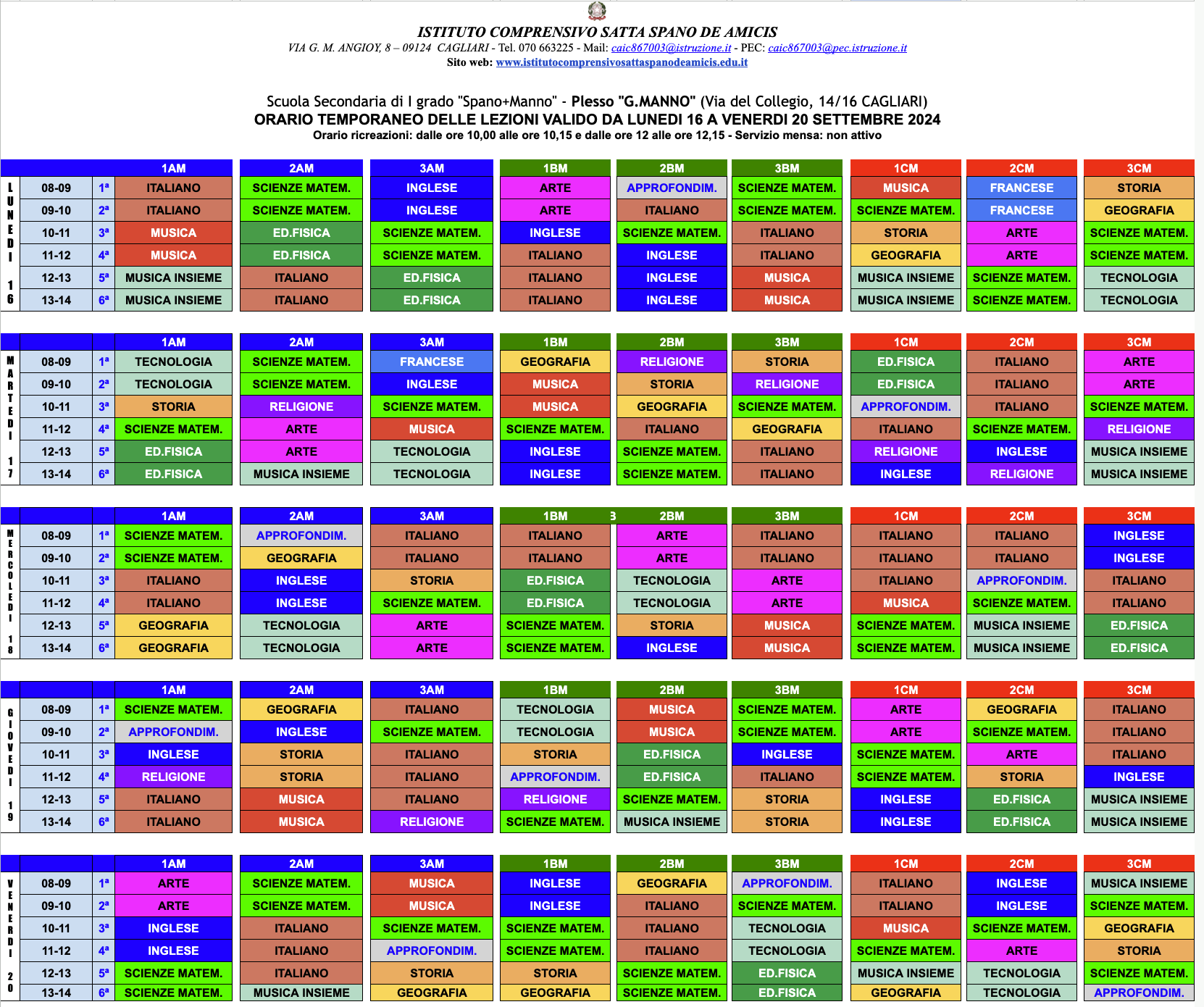 Scuola Secondaria 1° grado Manno: Orario provvisorio delle lezioni dal 16 al 20 settembre 2024