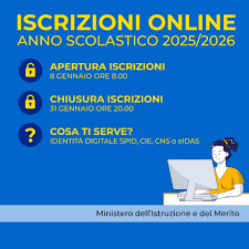 Iscrizioni Online anno scolastico 2025/2026 Iscrizioni Online anno scolastico 2025/2026 - Apertura iscrizioni 8 gennaio ore 8 - Chiusura iscrizioni 31 gennaio ore 20 - Cosa ti serve? Identità digitale SPID, CIE, CNS o eIDAS (fonte Ministero dell'Istruzione e del Merito)