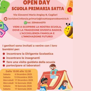 Open Day Scuola Primaria Satta: 6, 13 e 17 dicembre 2025 e 10, 14 e 17 gennaio 2026  vieni a trovarci!