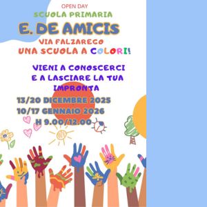 Open Day Scuola Primaria De Amicis: 13/20 dicembre 2025 e 10/17 gennaio 2026 vieni a trovarci!