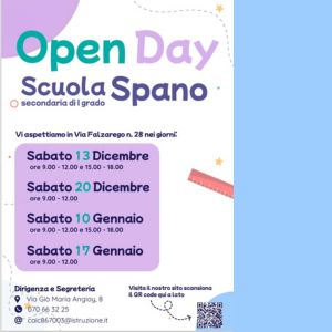 Open Day Scuola Secondaria Spano Via Falzarego: 13 e 20 dicembre 2025 e 10 e 17 gennaio 2026 vieni a trovarci!