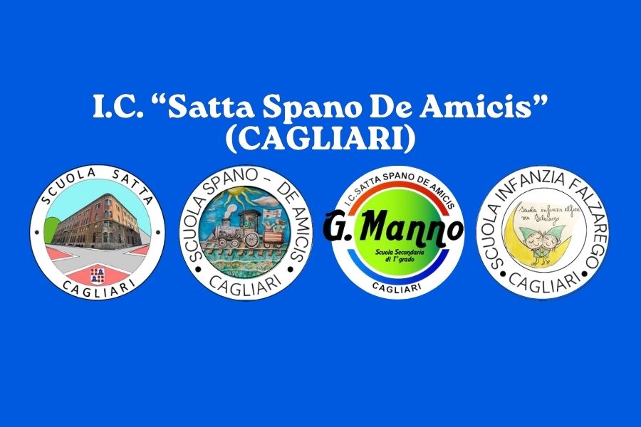 Logo dell’Istituto Comprensivo Satta-Spano-De Amicis di Cagliari, con i loghi dei plessi Satta, Spano, De Amicis, Manno e Via Falzarego